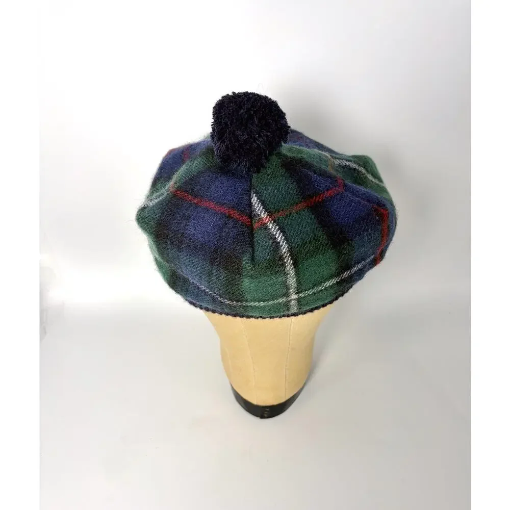 Scottish Lochcarron wool beanie hat Highlander plaid tam pom grn blu red wht NWT